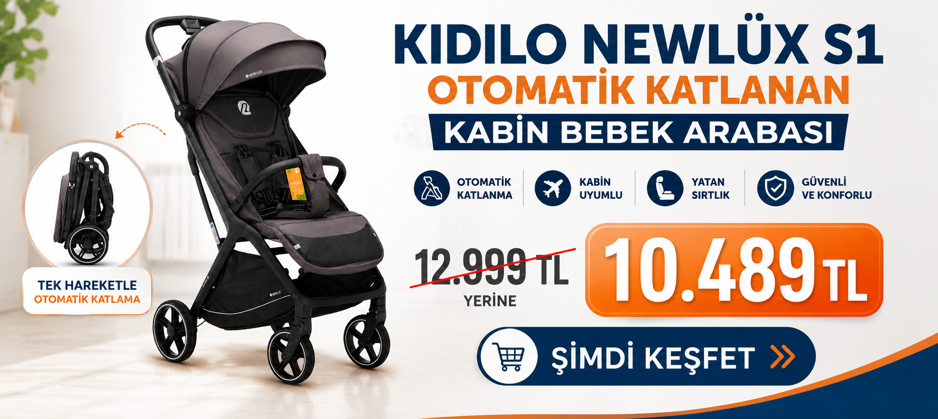 Kidilo Newlüx S1 Otomatik Katlanan Kabin Bebek Arabası